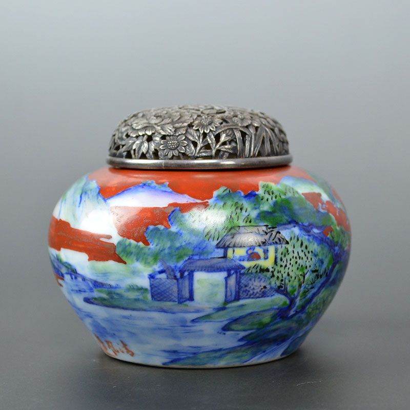 Rare! Seifu Yohei I Aka-e Porcelain Koro w/Silver Lid