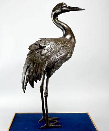 Exquisite Antique Japanese Standing Bronze Crane Okimono