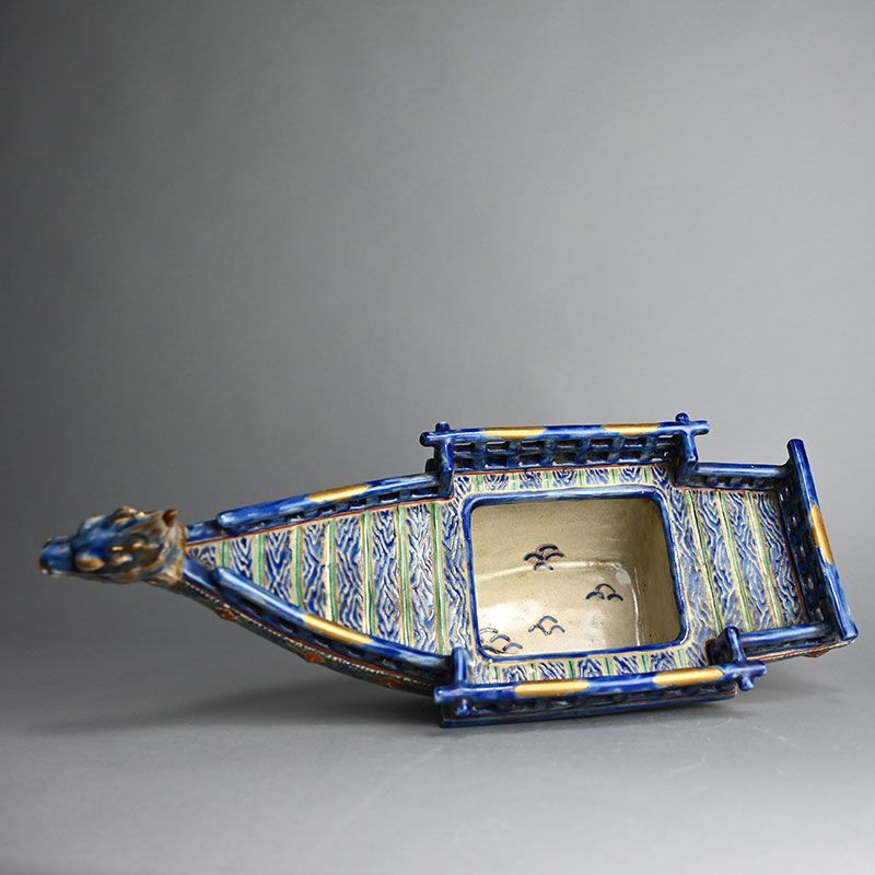 Ninsei Style Dragon Boat Shaped Vase &amp; Koro Incense Burner