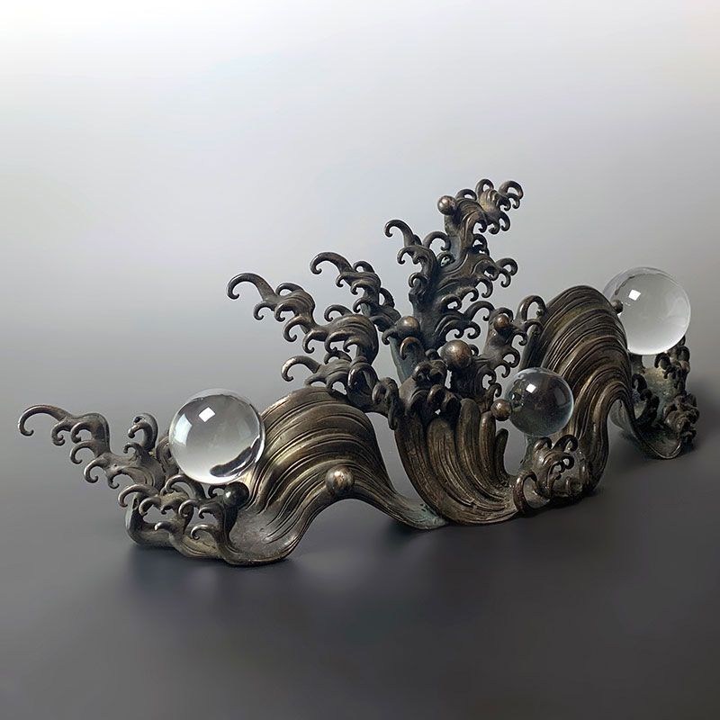 Antique Japanese Bronze Sculpture, Crashing Waves with Orbs