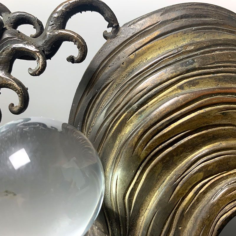 Antique Japanese Bronze Sculpture, Crashing Waves with Orbs