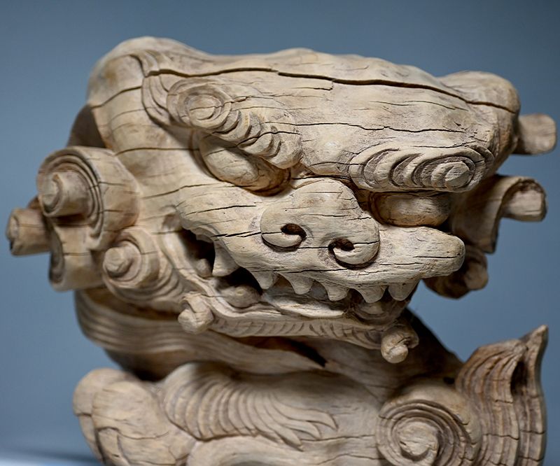 Pair Japanese Edo p. Carved Wood Shishi Temple Guardians