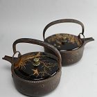 Antique Set of Japanese Iron Sake Kettles with Silver Inlay