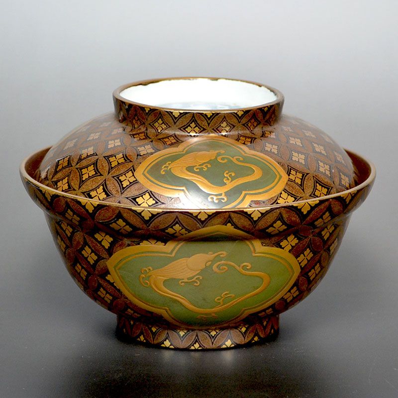 Antique Toyoraku Lacquered Pottery Bowl w/Dragons