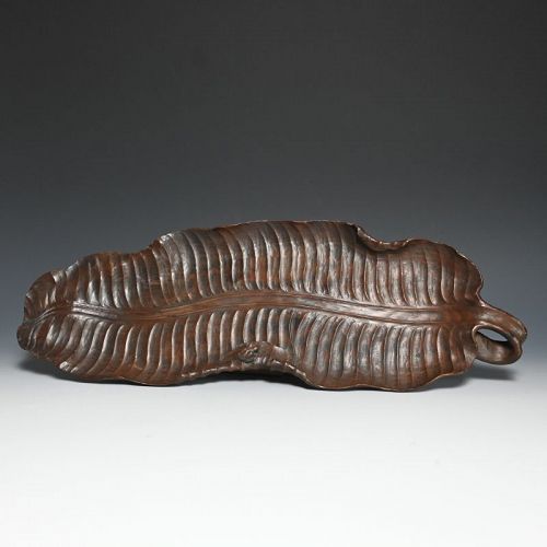 Frog on Leaf, Japanese Habon Carved Wood Tea Tray