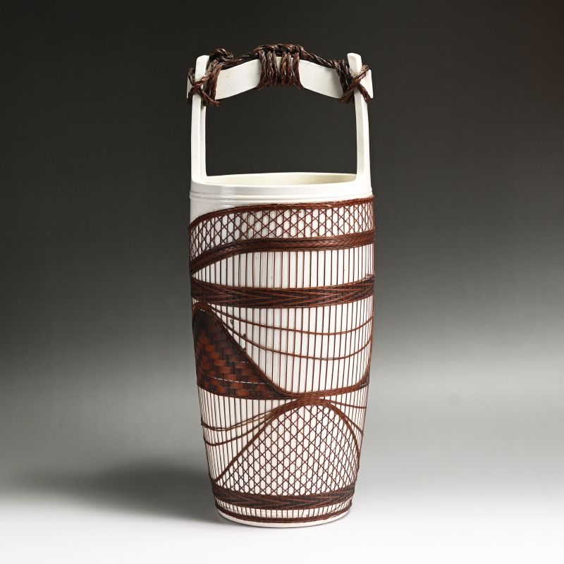 Antique Japanese Tobe Yaki Vase with Bamboo Basketry