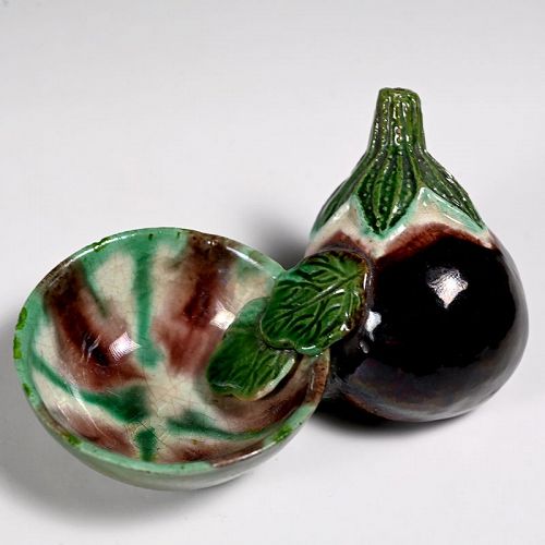 Rare 19th Century Bairin-yaki Eggplant Suiteki Water Dropper