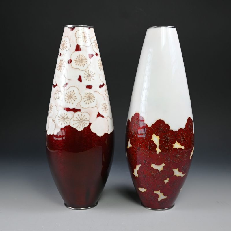 A pair of Striking Red and White Cloisonne Vases