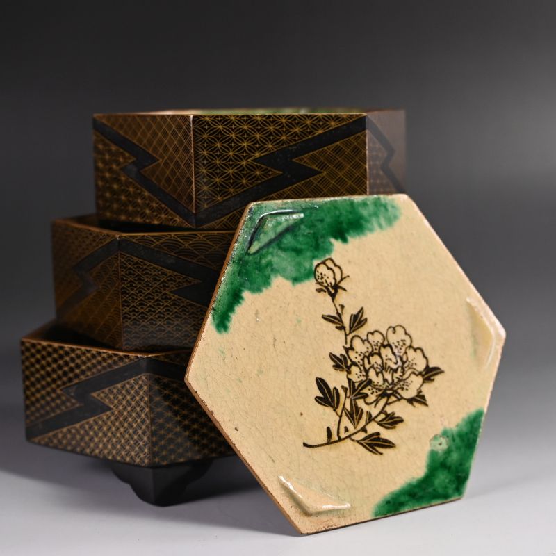 Incredible Japanese Toyoraku Lacquered Ceramic Jubako