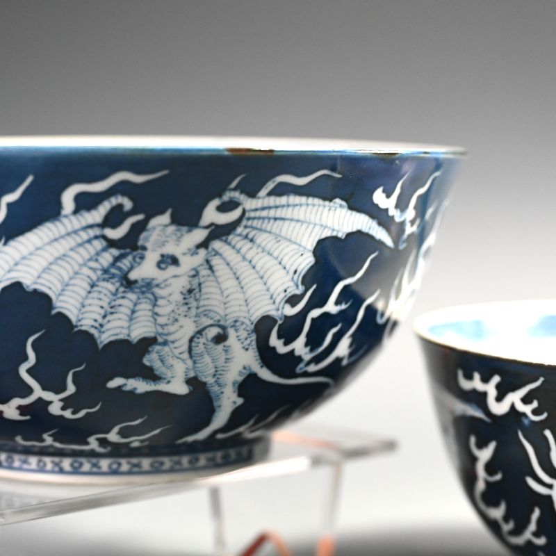 Pair Antique Blue & White Sometsuke Porcelain Bowls, Bats