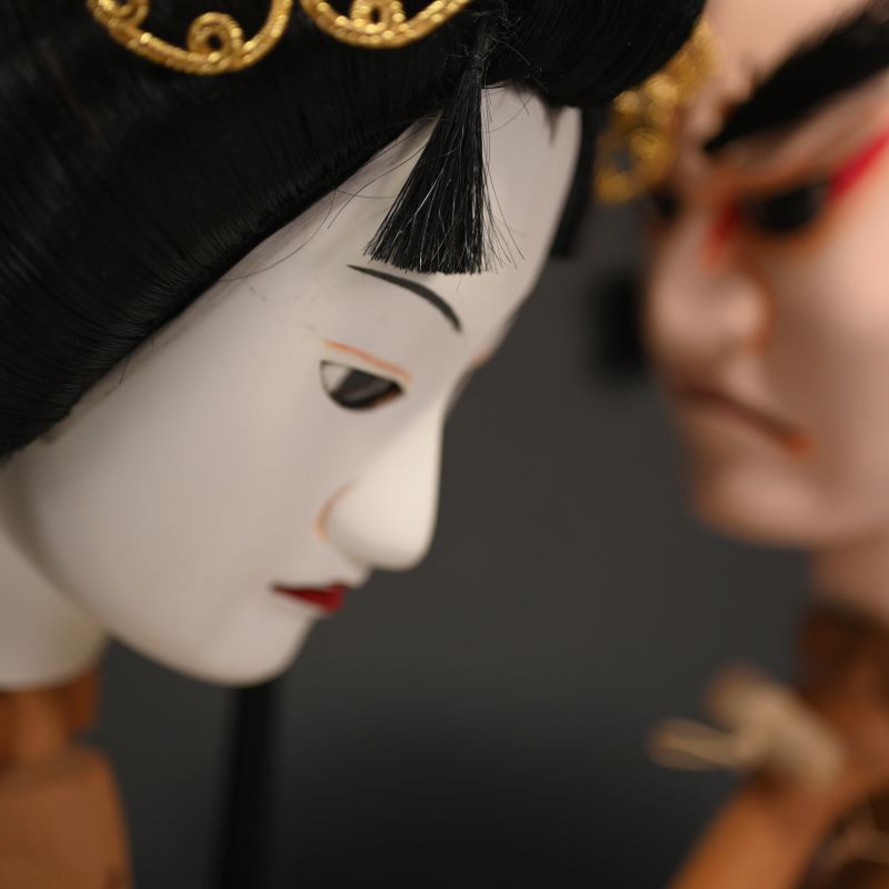 Two Bunraku Ningyo Puppet Heads, Warrior and Princess
