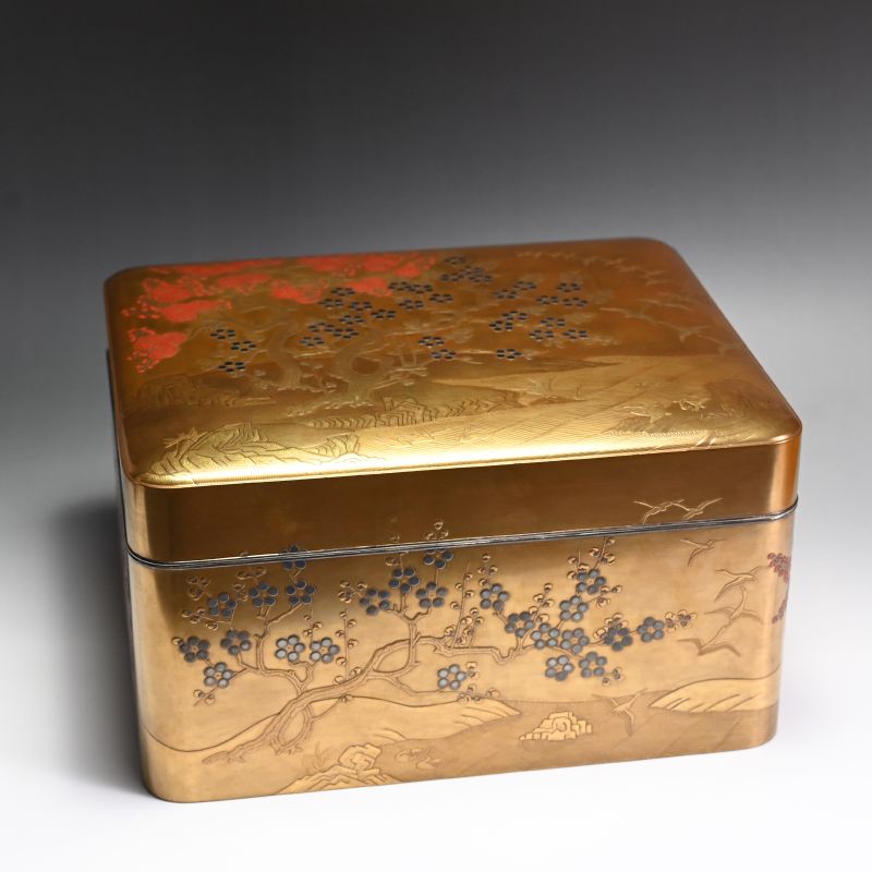 Heralds of Springtime Antique Japanese Gold Lacquered Box