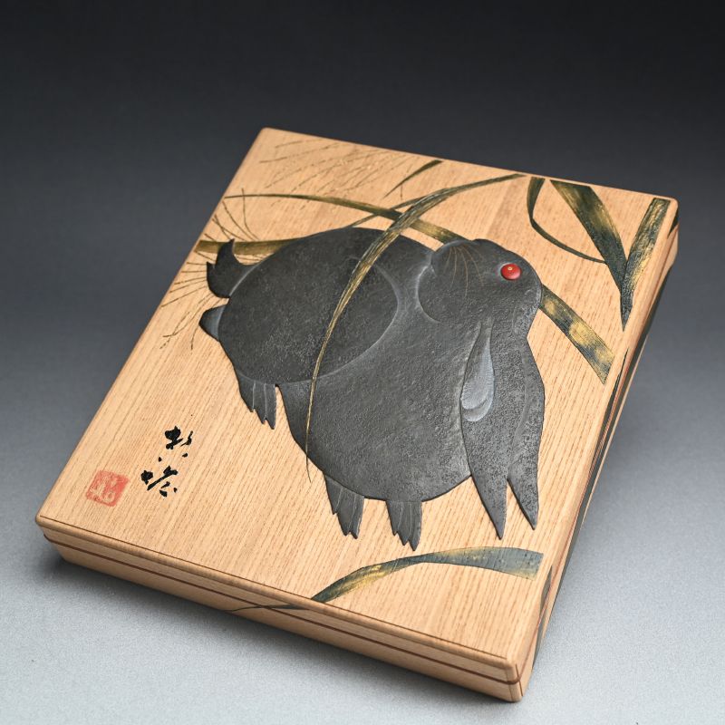 Japanese Lacquered Wooden Shikishi Paper Box with Rabbit