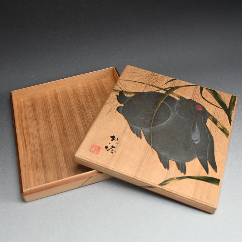 Japanese Lacquered Wooden Shikishi Paper Box with Rabbit