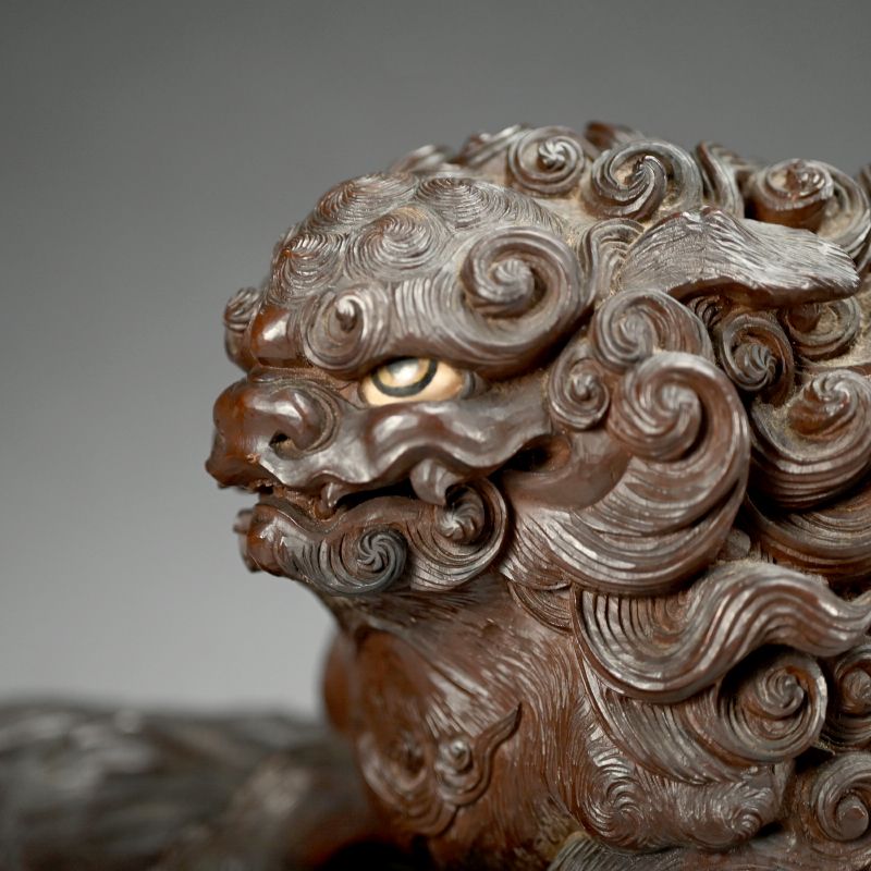 Wild Meiji Period Wood Carving, Mythical Shishi Lion