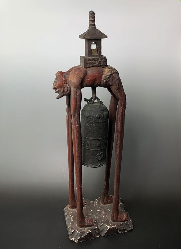 Antique Japanese Buddhist Demon Sharito Bell Stand