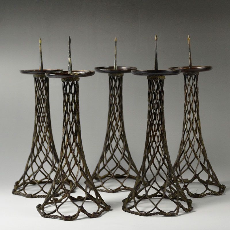 Set of 5 Antique Japanese Metal Candlesticks