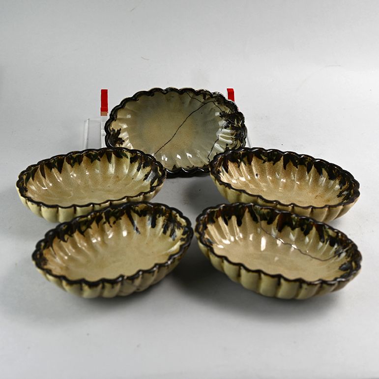 Antique Japanese Mizoro Yaki Pottery Dish Set w/ silver repairs