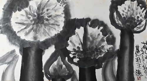 Large Allium Flower Sumi-e Ink Painting by Nomura Seiroku