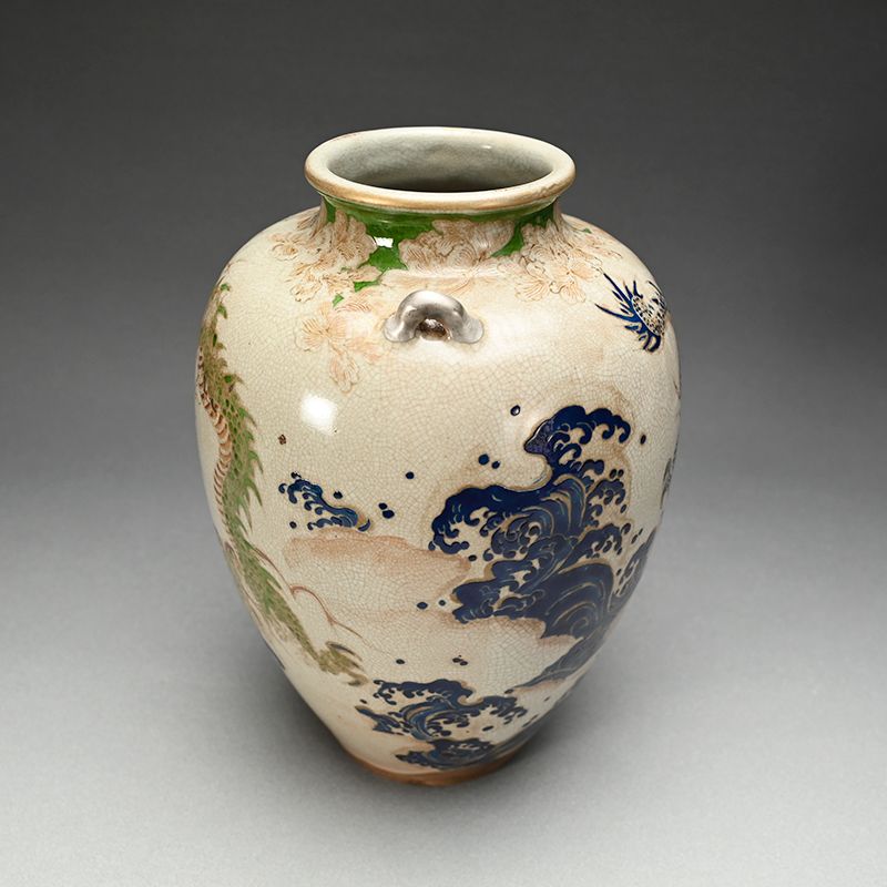 Fabulous 19th c. Ninsei Style Vase with Dragons and Waves