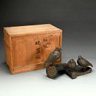 Silver & Gold Accented Taisho Period Bronze Okimono, 3 Pigeons