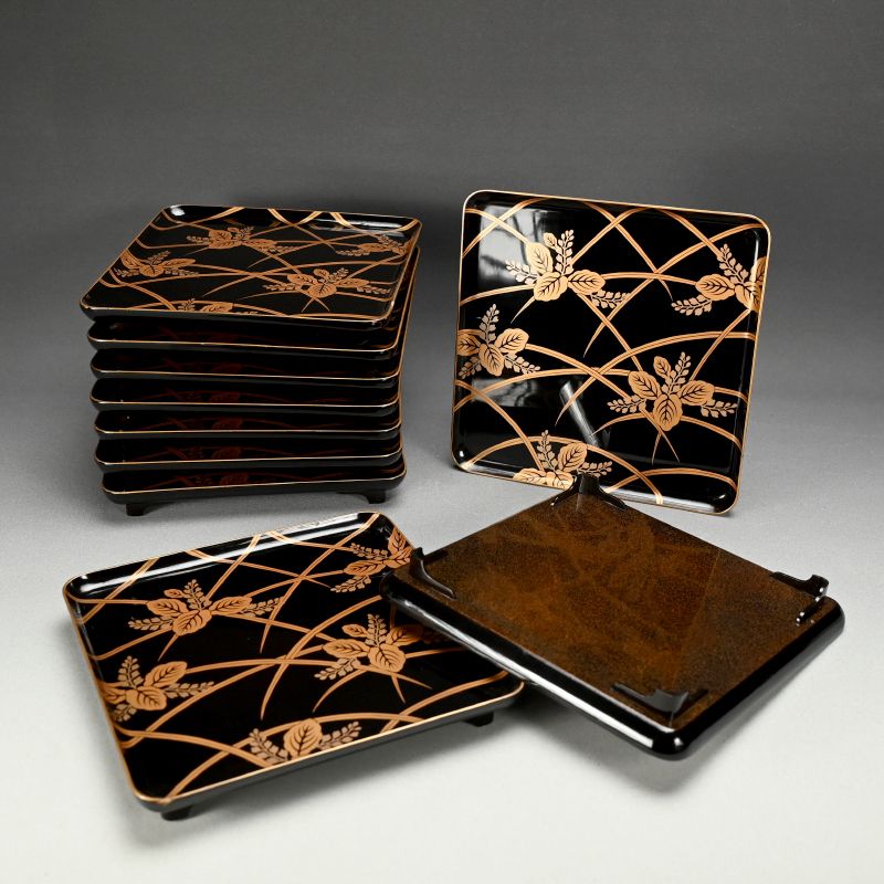 Set 10 Antique Japanese Lacquer Trays, Autumn Grass