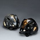 Pair Antique Japanese Black Raku Rabbits by Ennosai