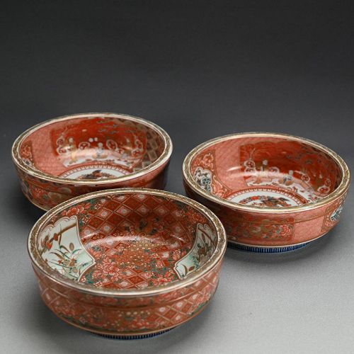 3 Large 19th century Imari Porcelain Bowls