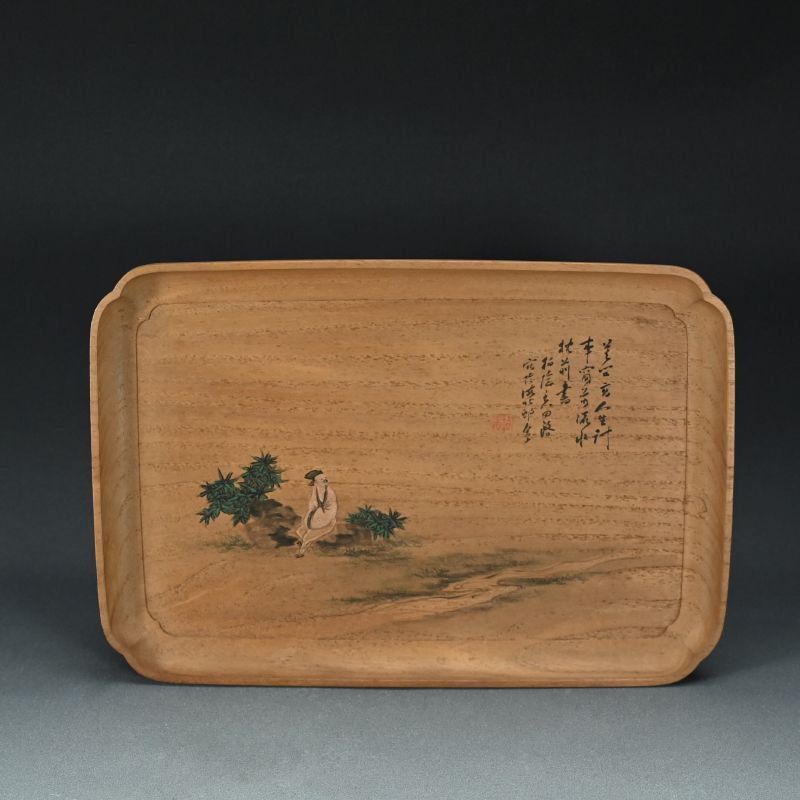 Hand Painted Wooden Kobon Tray by Literati Artist Tanaka Hakuin