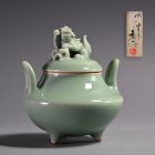 Celadon Shishi Koro by Miyagawa (Makuzu) Kozan