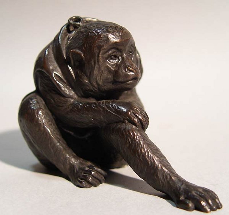Signed Japanese Bronze Image, Monkey Handler