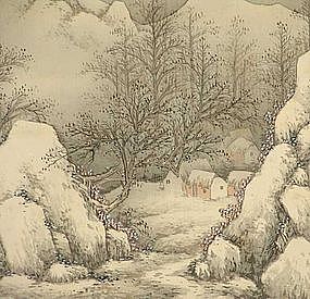 SUPERB SCROLL, VILLAGE ON SNOWY NIGHT, UNREI