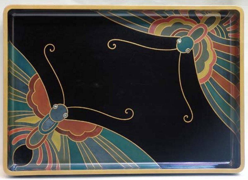 ART DECO Japanese LACQUER TRAY, BUTTERFLIES w/ BOX