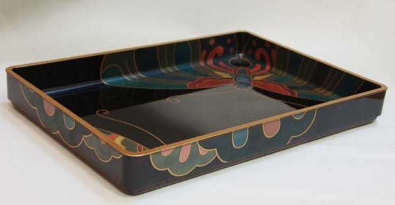 ART DECO Japanese LACQUER TRAY, BUTTERFLIES w/ BOX