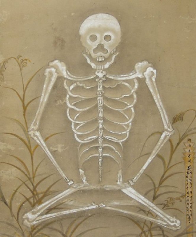 Very Rare Edo p. Japanese Meditating Skeleton Scroll