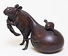 Meiji Japanese Bronze Okimono, Rat with Hotei Bag
