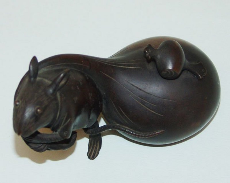 Meiji Japanese Bronze Okimono, Rat with Hotei Bag
