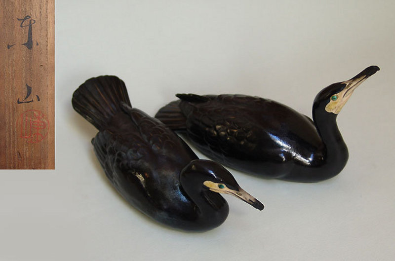 Japanese Cormorant Okimono pair by Miyanaga Tozan