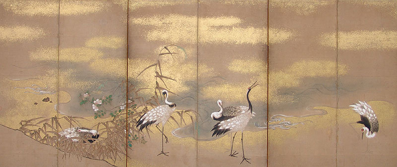 Important Edo p. Japanese Crane Screen, O-oka Shunboku