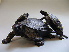 Antique Japanese Bronze Okimono Turtle Group