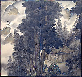 Meiji Period Two Panel Silk Shrine Screen, Koho
