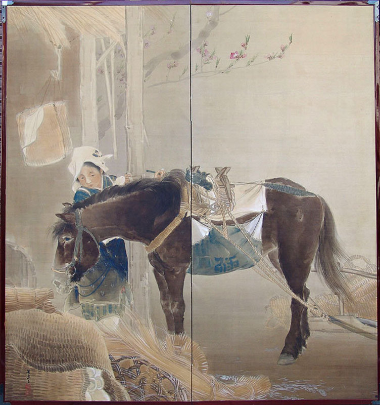 Meiji p Nihonga Screen, Horse and Peasant Girl by Hosen