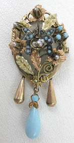 Mexican Colonial 14K Turquoise Bird Locket Pin