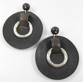Dramatic Rosewood and Sterling Disk Earrings