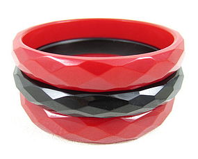 Bakelite Black & Red Faceted Bangle Bracelets