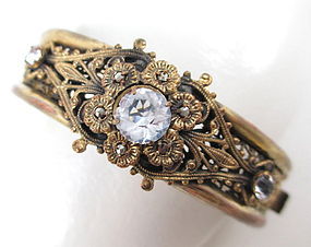 Lovely Brass and Crystal Filigree Bangle Bracelet