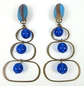 Mod Brass Electric Blue Glass Chandelier Earrings