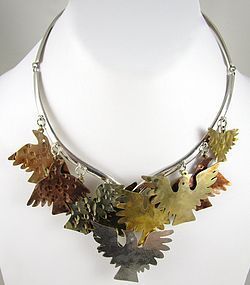 Unusual Emilia "Mimi" Los Castillo Sterling Brass Copper Bird Necklace