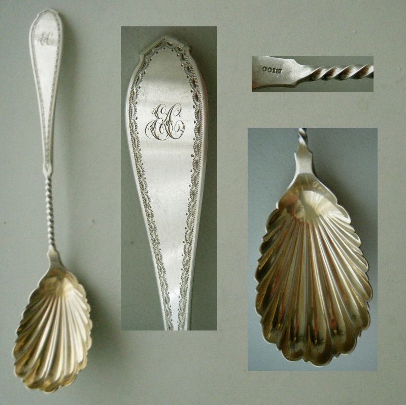 Twist Handle &amp; Engraved Coin Silver Shell Bowl Serving Spoon
