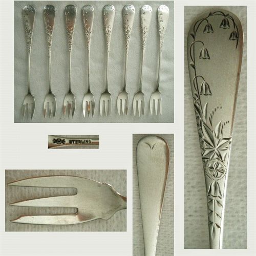 F. Whiting "Antique Lily Engraved" Eight Sterling Silver Oyster Forks